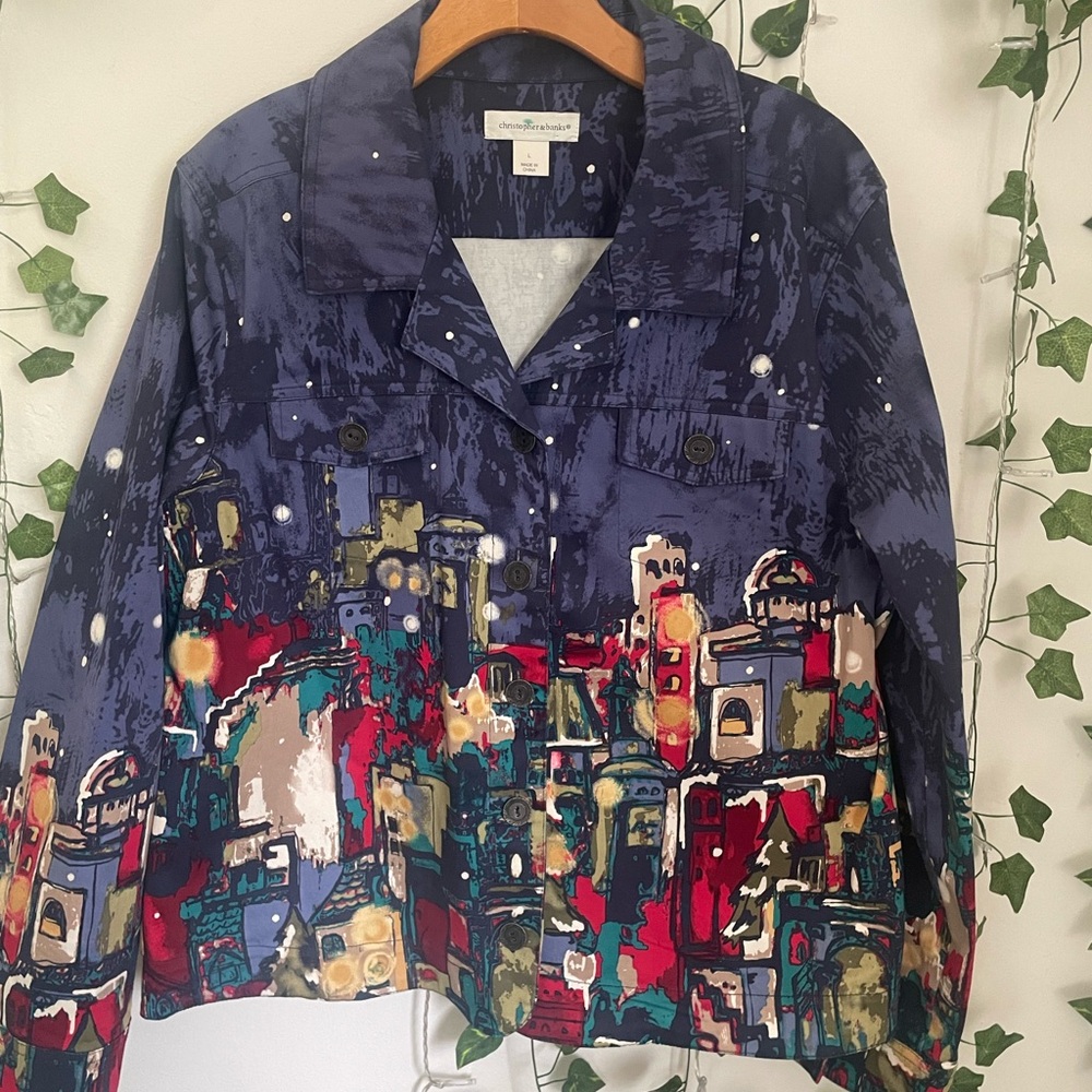 Christopher & Banks Blue Jacket with Abstract Design